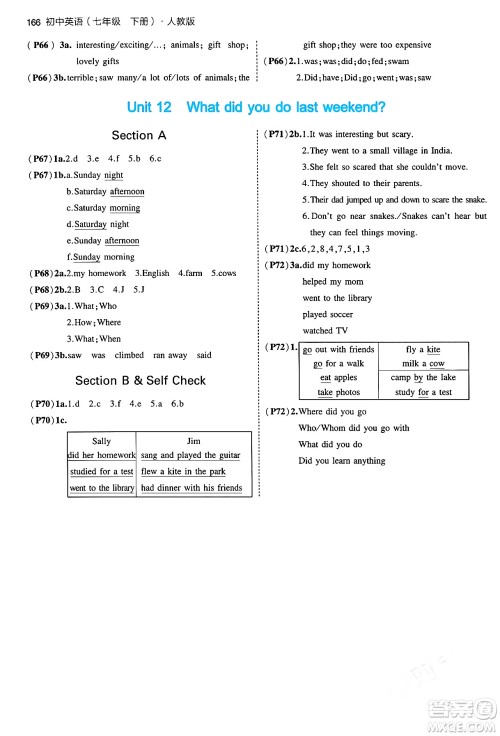 首都师范大学出版社2024年春初中同步5年中考3年模拟七年级英语下册人教版答案