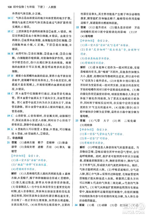 首都师范大学出版社2024年春初中同步5年中考3年模拟七年级生物下册人教版答案