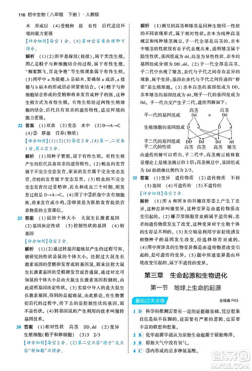 首都师范大学出版社2024年春初中同步5年中考3年模拟八年级生物下册人教版答案