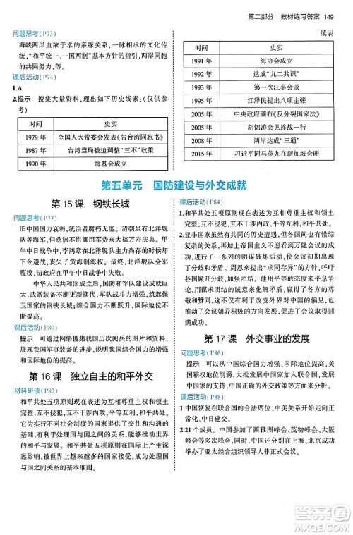首都师范大学出版社2024年春初中同步5年中考3年模拟八年级历史下册人教版答案 首都师范大学出版社2024年春初中同步5年中考3年模拟八年级历史下册人教版答案