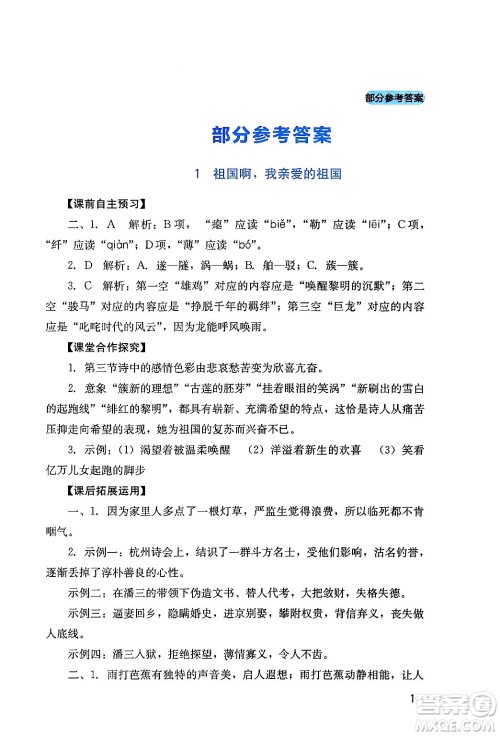 四川教育出版社2024年春新课程实践与探究丛书九年级语文下册人教版答案