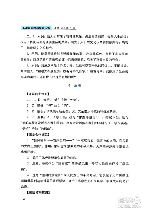 四川教育出版社2024年春新课程实践与探究丛书九年级语文下册人教版答案