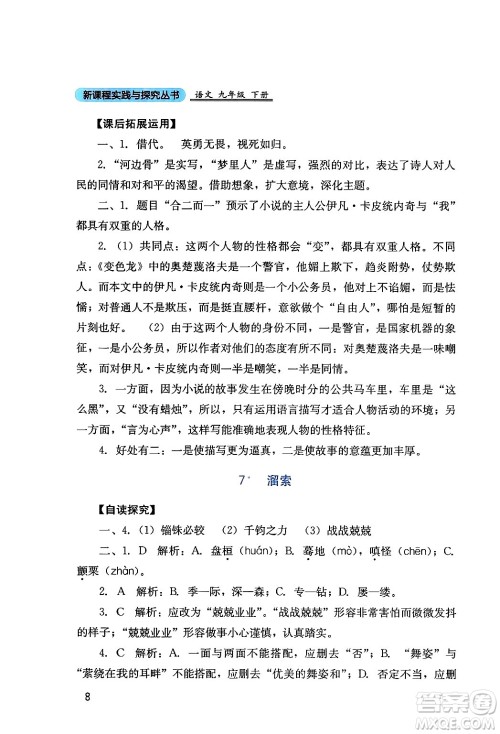 四川教育出版社2024年春新课程实践与探究丛书九年级语文下册人教版答案