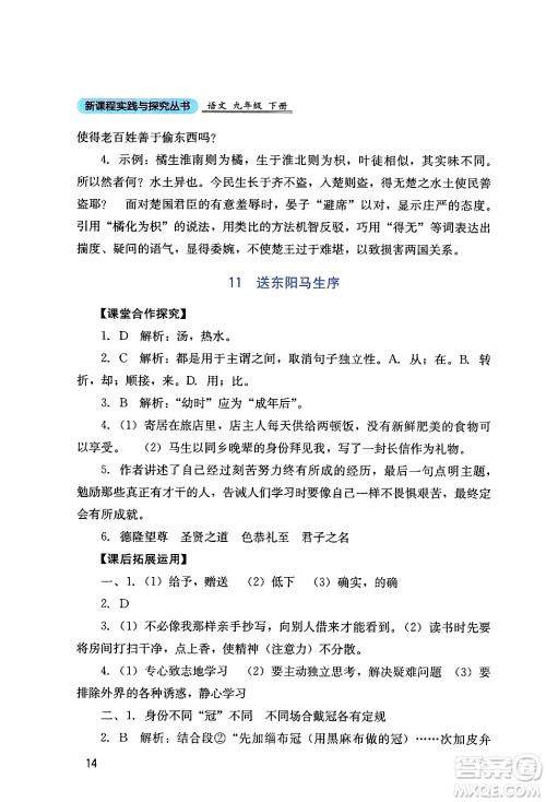 四川教育出版社2024年春新课程实践与探究丛书九年级语文下册人教版答案