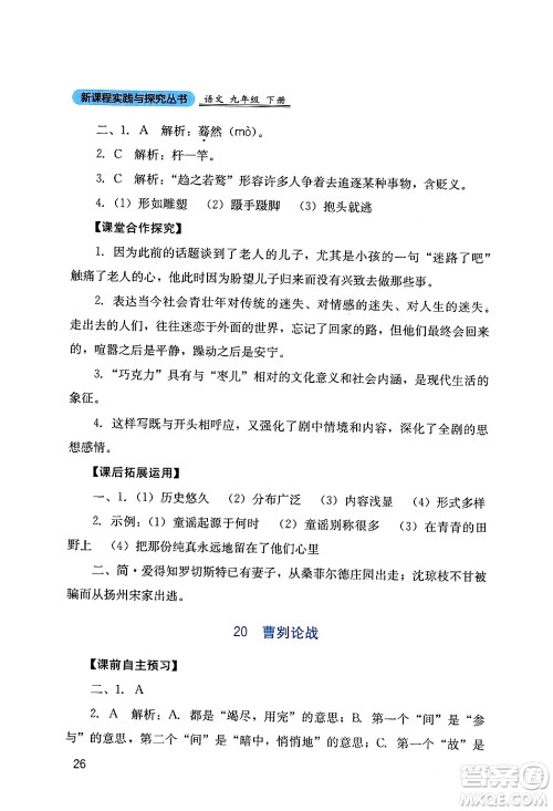 四川教育出版社2024年春新课程实践与探究丛书九年级语文下册人教版答案