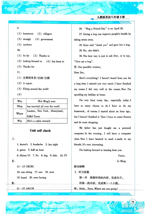 湖南少年儿童出版社2024年春同步实践评价课程基础训练八年级英语下册人教版答案 湖南少年儿童出版社2024年春同步实践评价课程基础训练八年级英语下册人教版答案