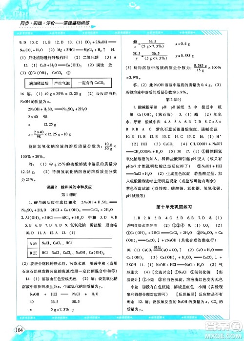 湖南少年儿童出版社2024年春同步实践评价课程基础训练九年级化学下册人教版答案