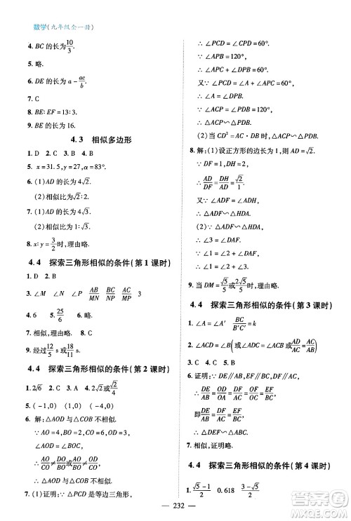 青岛出版社2024年春新课堂学习与探究九年级数学下册通用版答案