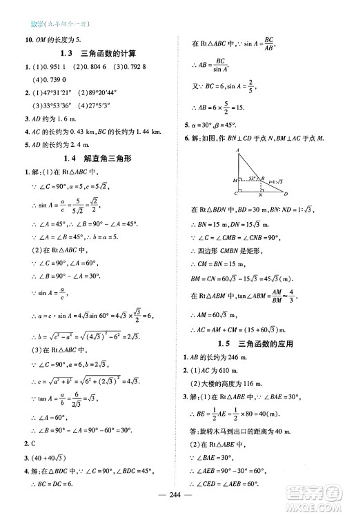 青岛出版社2024年春新课堂学习与探究九年级数学下册通用版答案