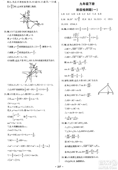 青岛出版社2024年春新课堂学习与探究九年级数学下册通用版答案