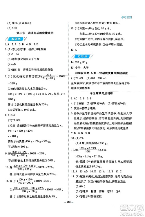 青岛出版社2024年春新课堂学习与探究九年级化学下册通用版答案
