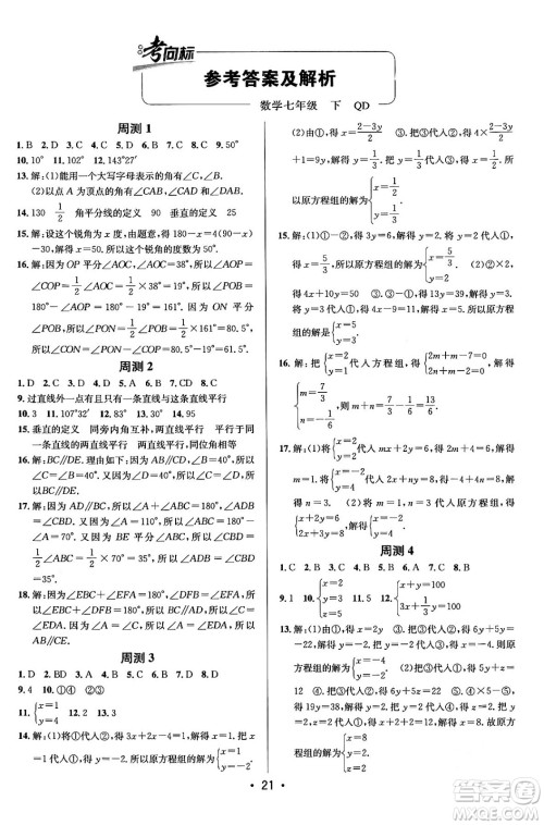 新疆青少年出版社2024年春期末考向标全程跟踪突破测试卷七年级数学下册青岛版答案