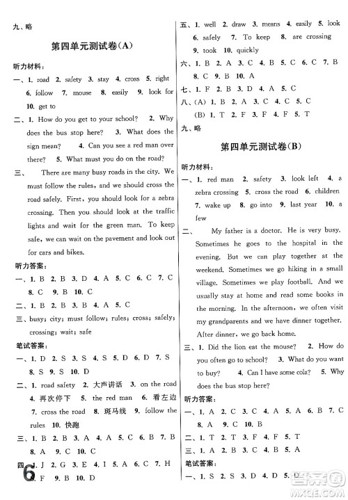 江苏凤凰美术出版社2024年春随堂测试卷六年级英语下册江苏版答案
