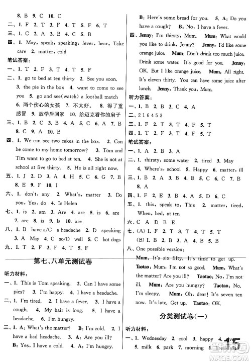 江苏凤凰美术出版社2024年春随堂测试卷四年级英语下册江苏版答案