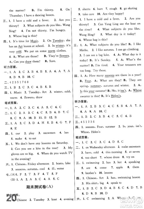 江苏凤凰美术出版社2024年春随堂测试卷四年级英语下册江苏版答案