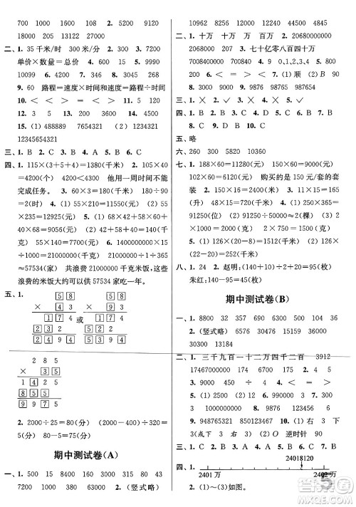 江苏凤凰美术出版社2024年春随堂测试卷四年级数学下册江苏版答案