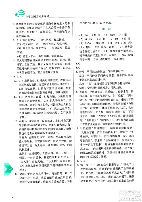 长春出版社2024年春小学生随堂同步练习九年级语文下册人教版答案