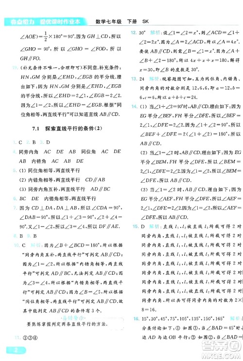 北京教育出版社2024年春亮点给力提优课时作业本七年级数学下册苏科版答案 北京教育出版社2024年春亮点给力提优课时作业本七年级数学下册苏科版答案