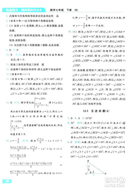 北京教育出版社2024年春亮点给力提优课时作业本七年级数学下册苏科版答案 北京教育出版社2024年春亮点给力提优课时作业本七年级数学下册苏科版答案