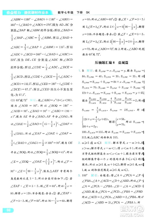北京教育出版社2024年春亮点给力提优课时作业本七年级数学下册苏科版答案 北京教育出版社2024年春亮点给力提优课时作业本七年级数学下册苏科版答案