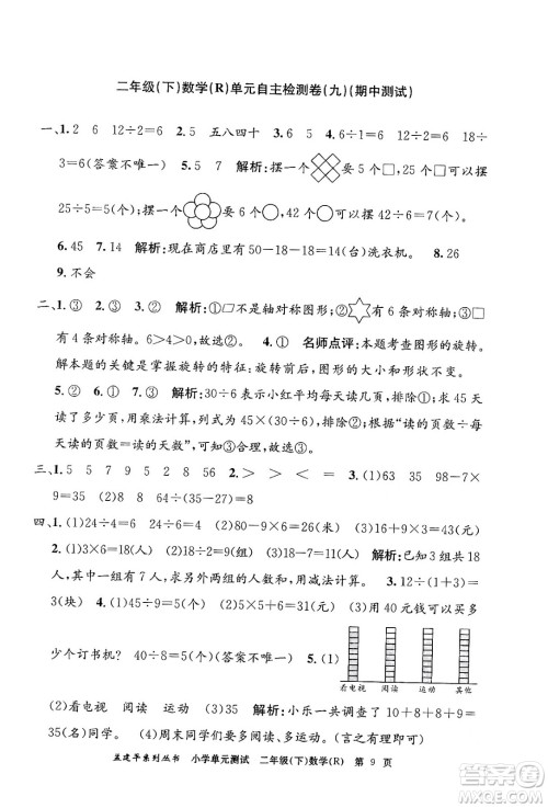 浙江工商大学出版社2024年春孟建平小学单元测试二年级数学下册人教版答案 浙江工商大学出版社2024年春孟建平小学单元测试二年级数学下册人教版答案