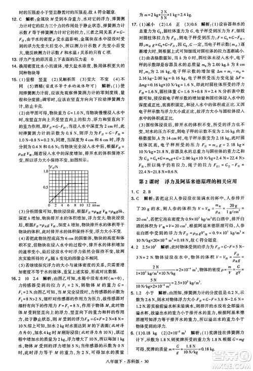 甘肃少年儿童出版社2024年春学霸题中题八年级物理下册苏科版答案