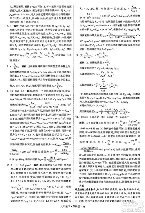 甘肃少年儿童出版社2024年春学霸题中题八年级物理下册苏科版答案