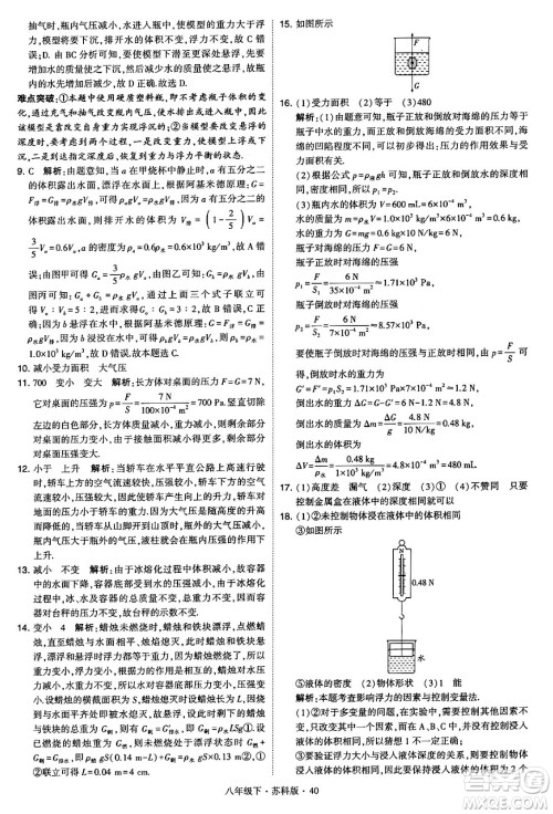 甘肃少年儿童出版社2024年春学霸题中题八年级物理下册苏科版答案