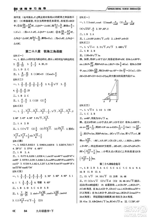 南方出版社2024年春新课程学习指导九年级数学下册人教版答案