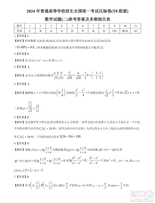 2024年T8联盟普通高等学校招生全国统一考试压轴卷数学试题二答案