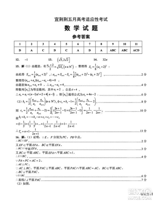 2024届湖北宜荆荆高三五月高考适应性考试数学试题答案