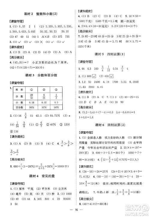 江苏凤凰美术出版社2024年春超能学典高分拔尖提优训练六年级数学下册江苏版答案