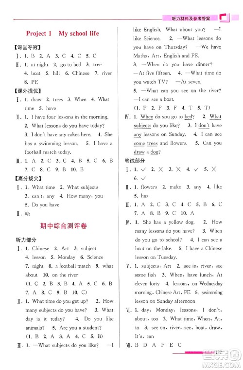 江苏凤凰美术出版社2024年春超能学典高分拔尖提优训练四年级英语下册江苏版答案