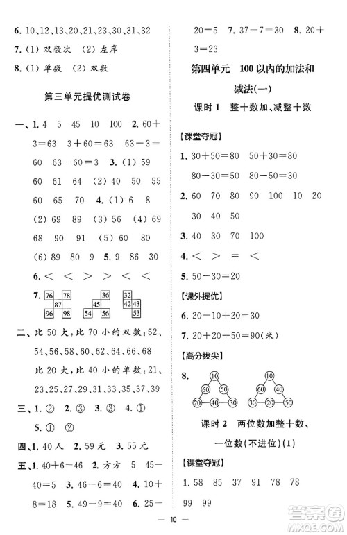 江苏凤凰美术出版社2024年春超能学典高分拔尖提优训练一年级数学下册江苏版答案