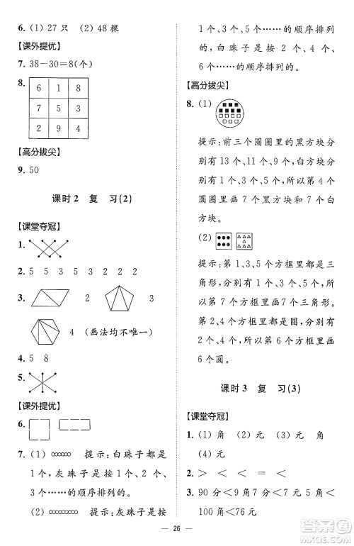 江苏凤凰美术出版社2024年春超能学典高分拔尖提优训练一年级数学下册江苏版答案