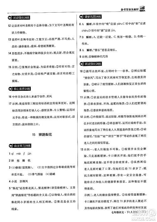 北京教育出版社2024年春1+1轻巧夺冠优化训练七年级语文下册人教版答案