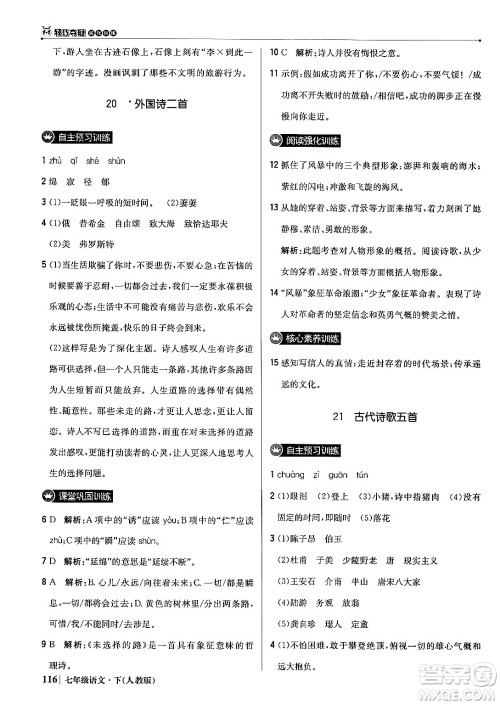 北京教育出版社2024年春1+1轻巧夺冠优化训练七年级语文下册人教版答案