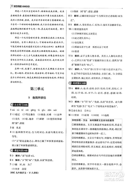 北京教育出版社2024年春1+1轻巧夺冠优化训练九年级语文下册人教版答案