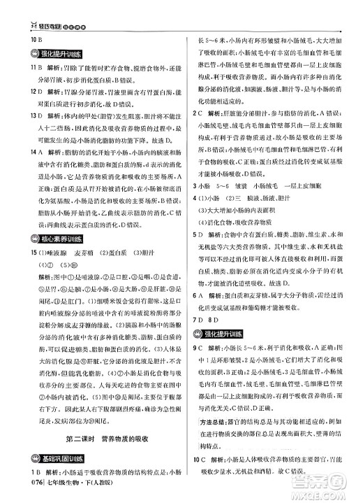 北京教育出版社2024年春1+1轻巧夺冠优化训练七年级生物下册人教版答案