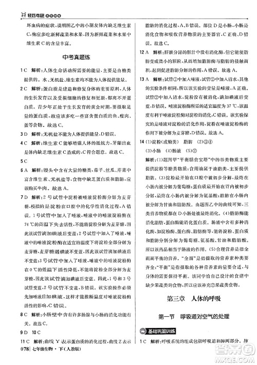 北京教育出版社2024年春1+1轻巧夺冠优化训练七年级生物下册人教版答案