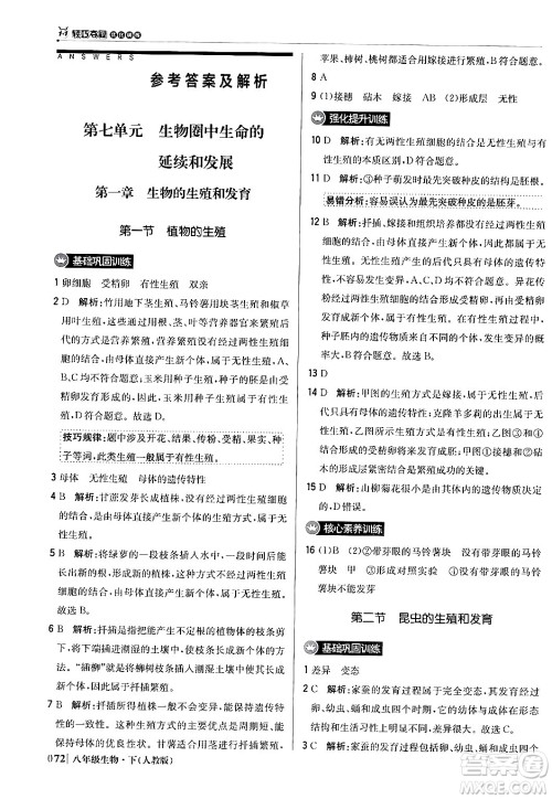 北京教育出版社2024年春1+1轻巧夺冠优化训练八年级生物下册人教版答案