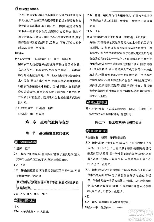 北京教育出版社2024年春1+1轻巧夺冠优化训练八年级生物下册人教版答案