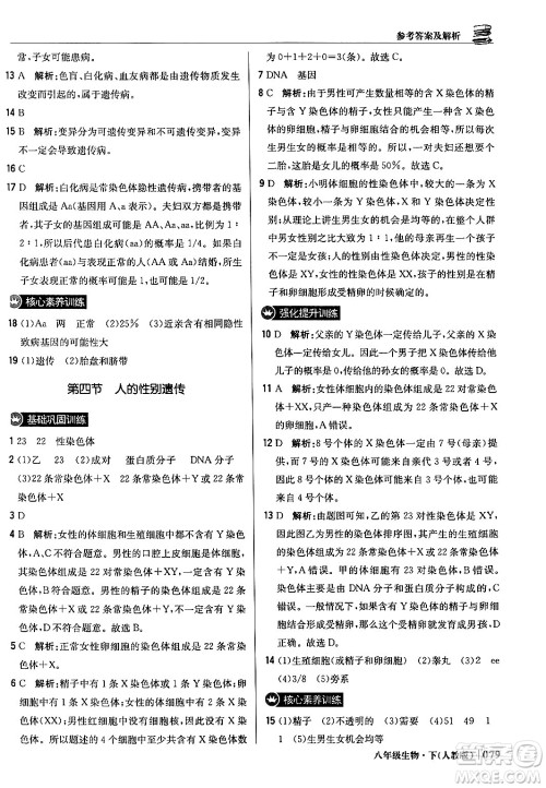 北京教育出版社2024年春1+1轻巧夺冠优化训练八年级生物下册人教版答案