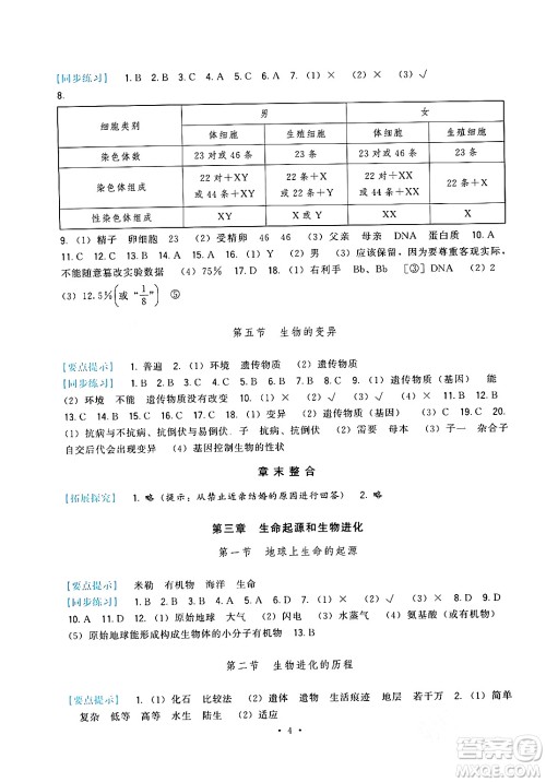 福建人民出版社2024年春顶尖课课练八年级生物下册人教版答案