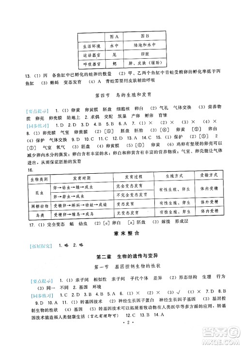 福建人民出版社2024年春顶尖课课练八年级生物下册人教版答案