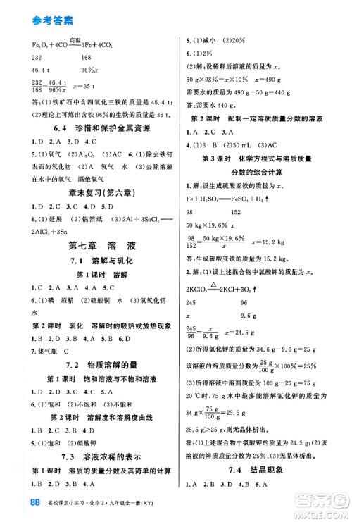 广东经济出版社2024年春名校课堂小练习九年级化学下册科粤版答案