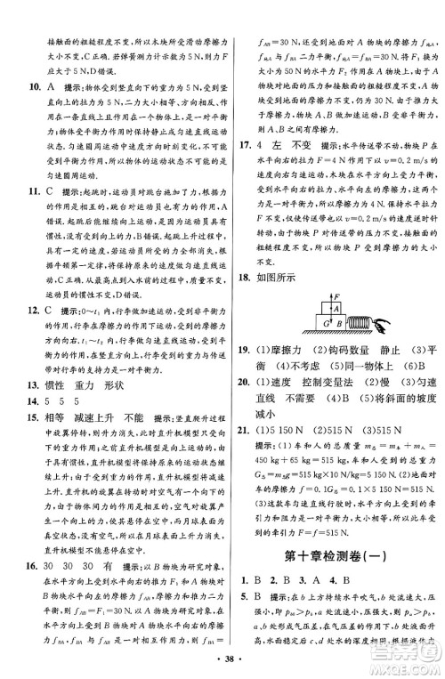 江苏凤凰科学技术出版社2024年春初中物理小题狂做提优版八年级物理下册苏科版答案