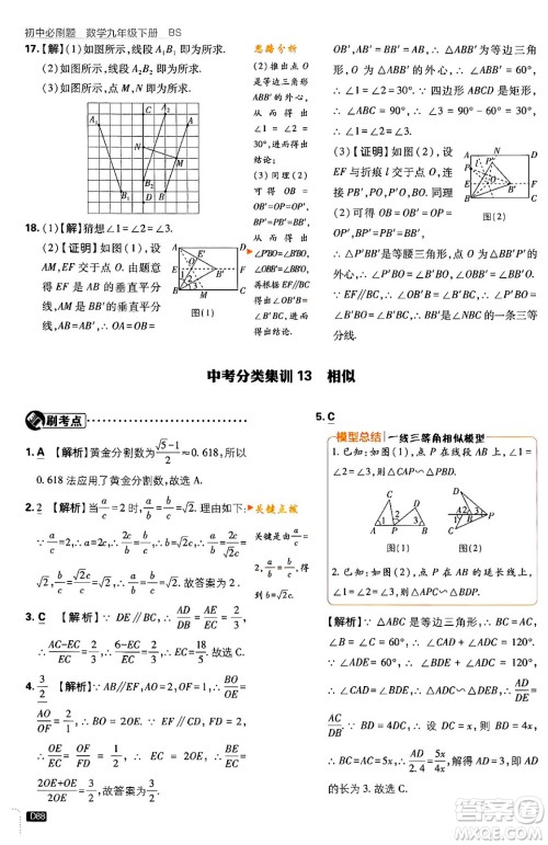 开明出版社2024年春初中必刷题九年级数学下册北师大版答案 开明出版社2024年春初中必刷题九年级数学下册北师大版答案