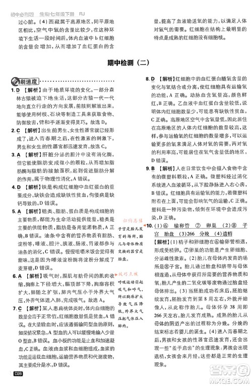 开明出版社2024年春初中必刷题七年级生物下册人教版答案