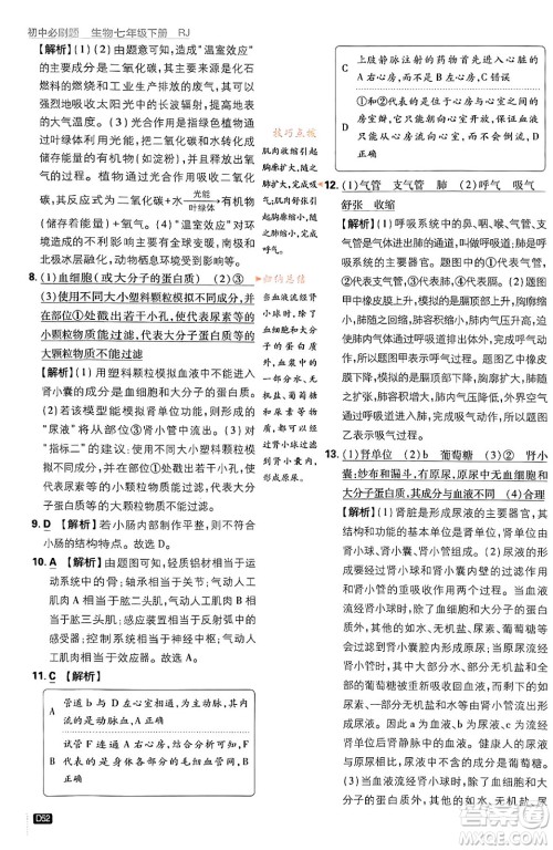 开明出版社2024年春初中必刷题七年级生物下册人教版答案